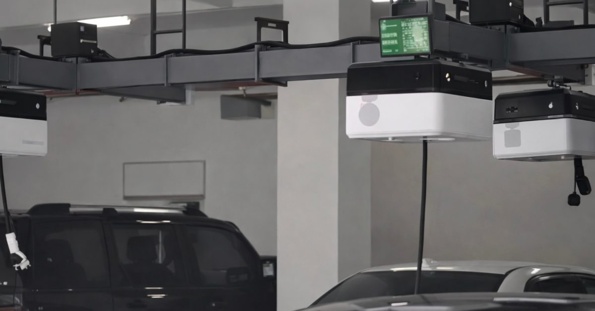 Šie kiniški robotai važiuoja lubų bėgiais, kad įkrautų jūsų elektromobilį